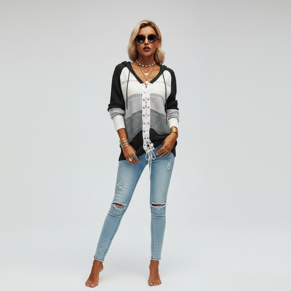 Women’s Hooded Lace Up Knit Jumper | Openwork Panels