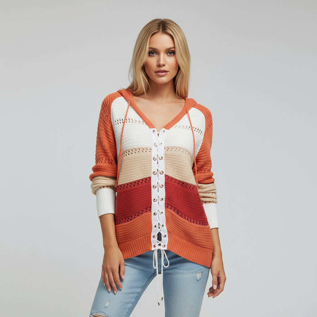 Women’s Hooded Lace Up Knit Jumper | Openwork Panels