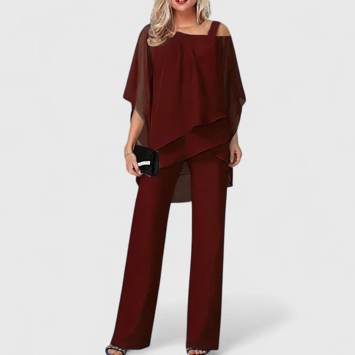 Women's Elegant Drape Blouse and Wide Leg Pants Set | Two-Piece