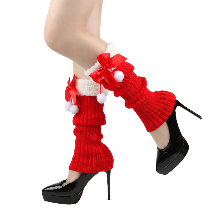 Women’s Knitted Christmas Leg Warmers with Bow | Ribbed
