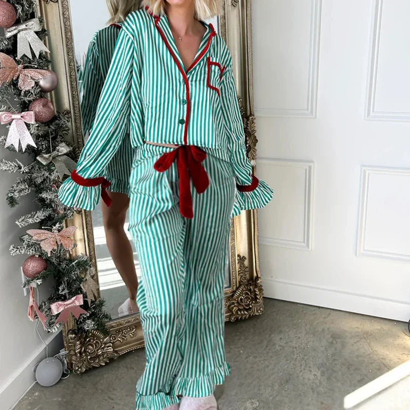 Women's Christmas Striped Pajama Set Shirt and Wide Leg Pants | Ruffle