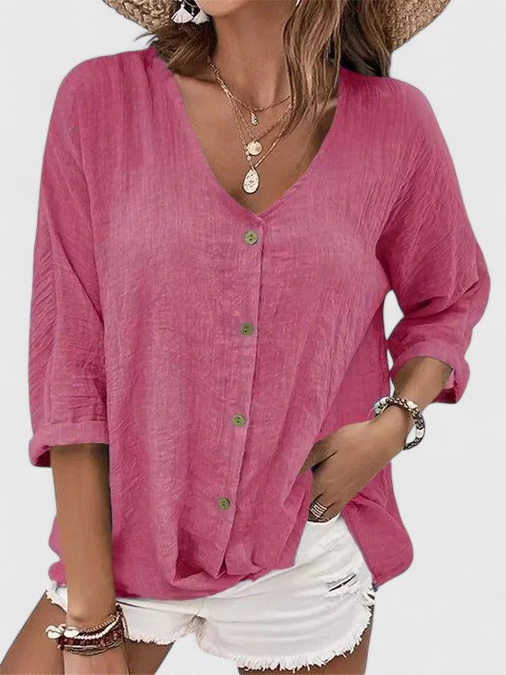 Women's Summer Loose Fit V-Neck Blouse | Button Up