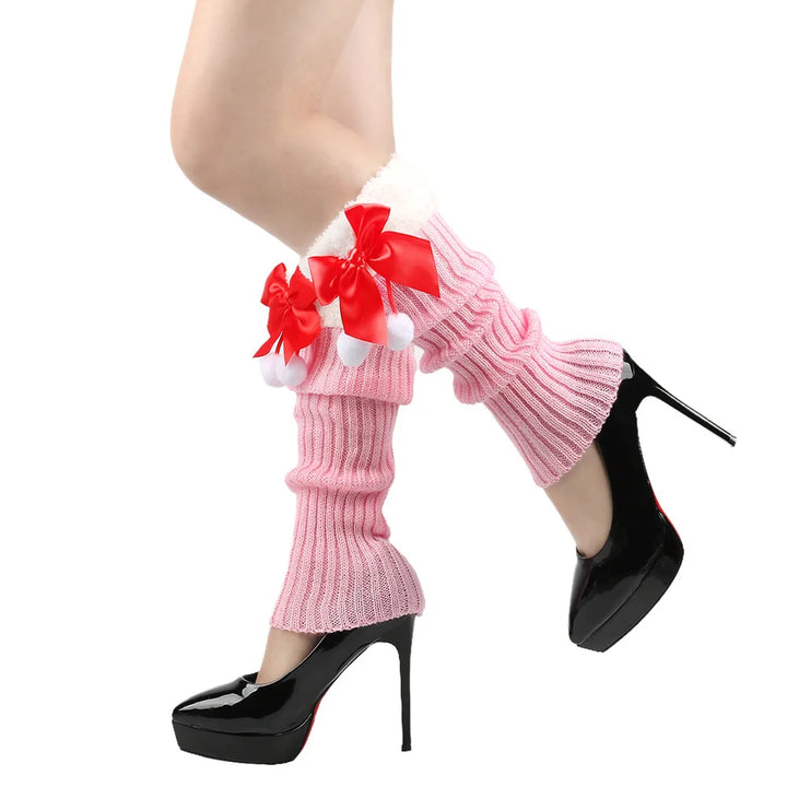 Women’s Knitted Christmas Leg Warmers with Bow | Ribbed
