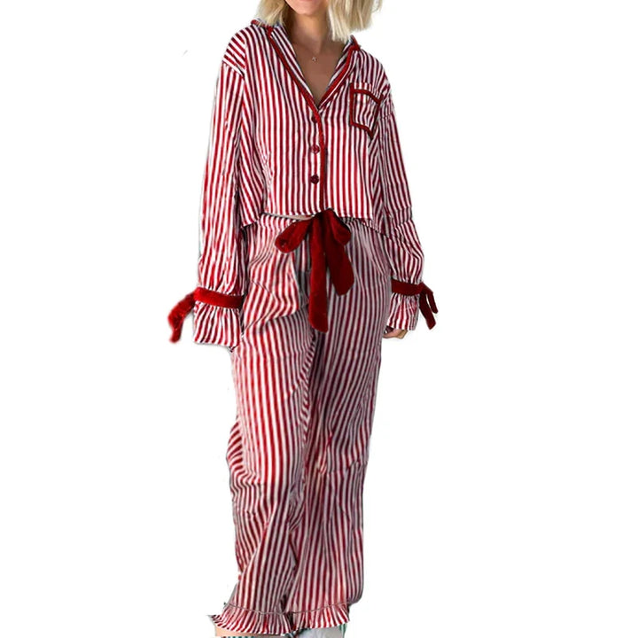 Women's Christmas Striped Pajama Set Shirt and Wide Leg Pants | Ruffle