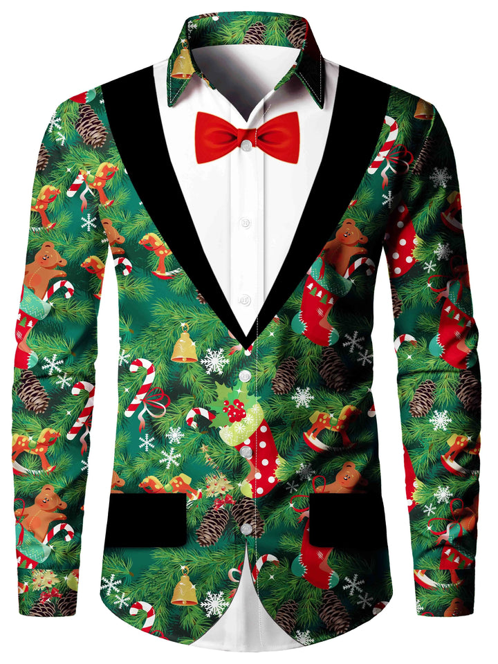 Men's Christmas Long Sleeve Tuxedo Print Shirt | Novelty