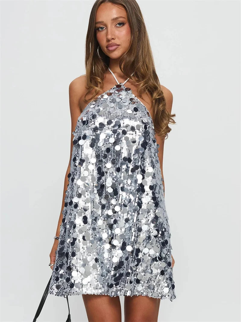 Women’s Sequin Halter Neck Party Mini Dress | Backless