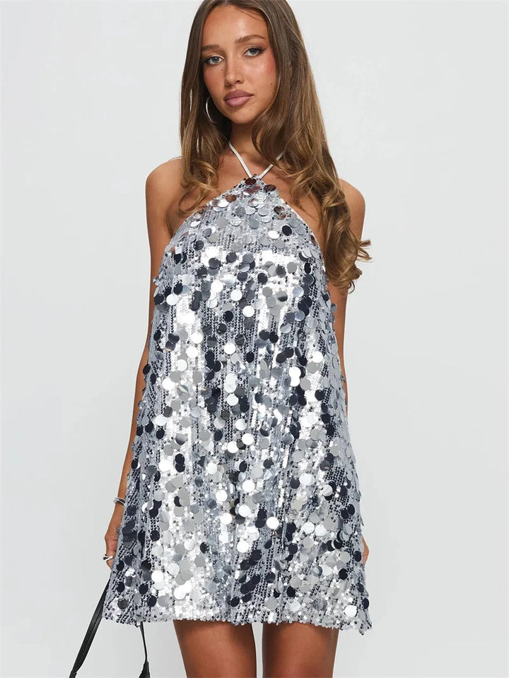 Women’s Sequin Halter Neck Party Mini Dress | Backless