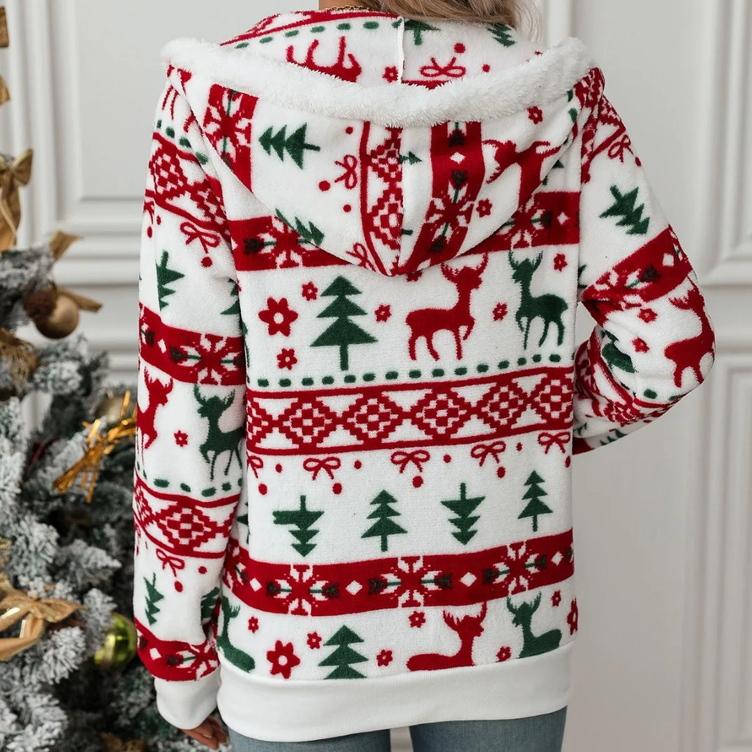 Women's Christmas Hooded Printed White Jacket | Zip Up