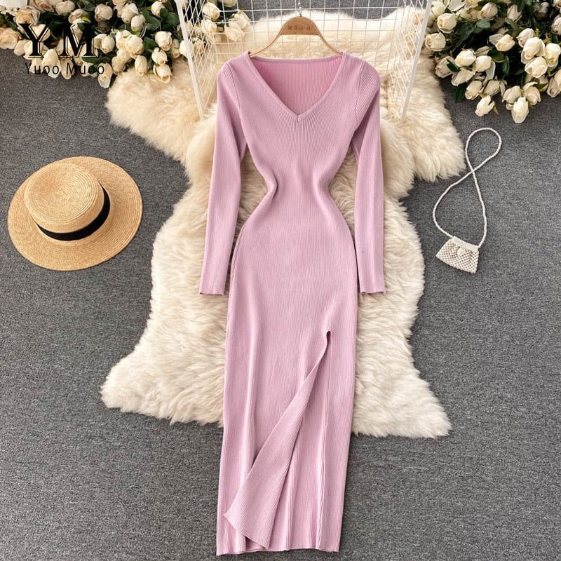 Women’s Long-Sleeve Ribbed Knit Bodycon Dress | Maxi