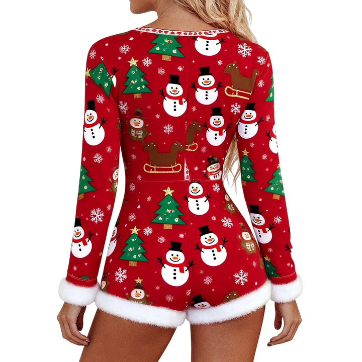 Women's Christmas One Piece Short Pyjama Romper | Long Sleeve