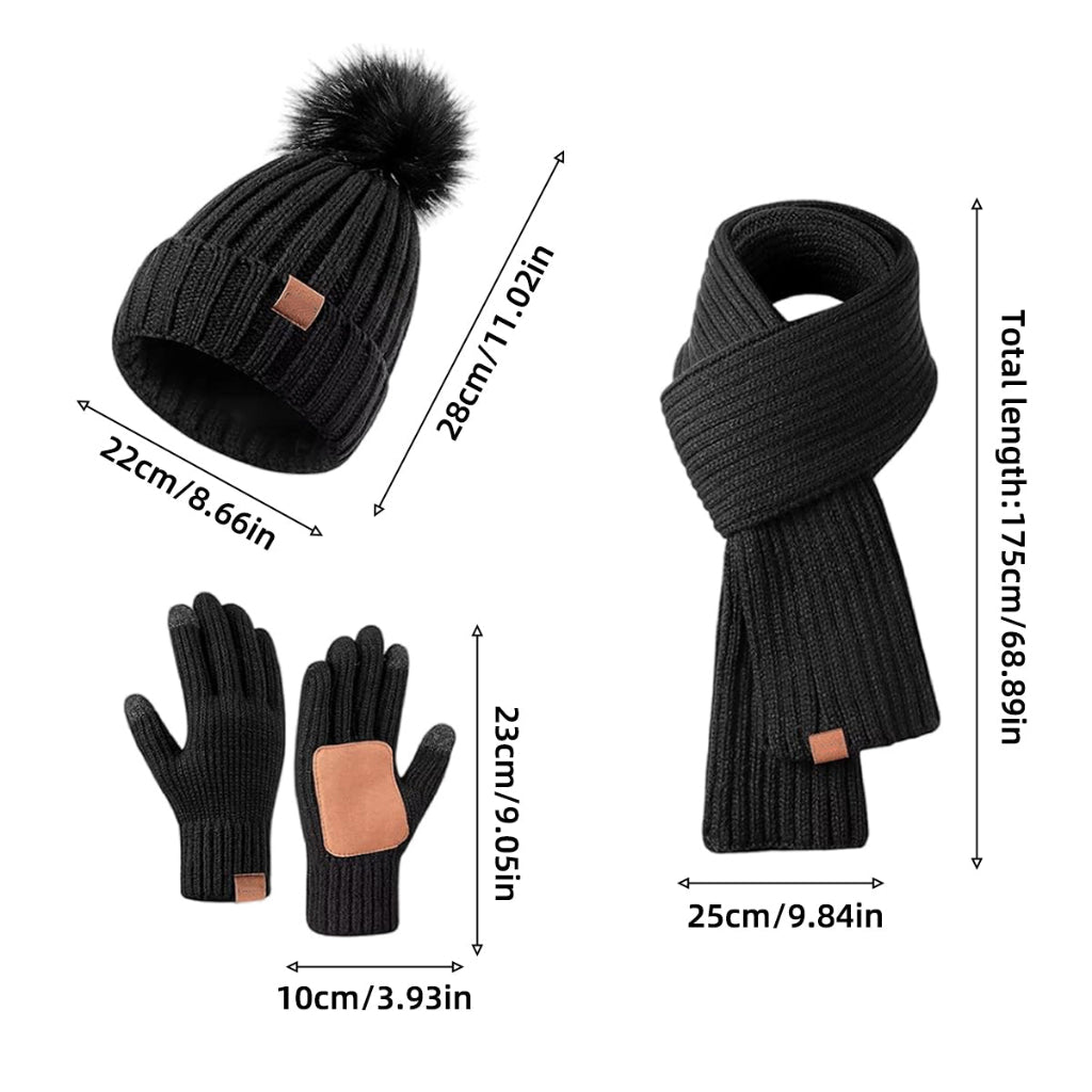Women's 3-Piece Knitted Beanie Hat, Scarf And Gloves Set | Winter