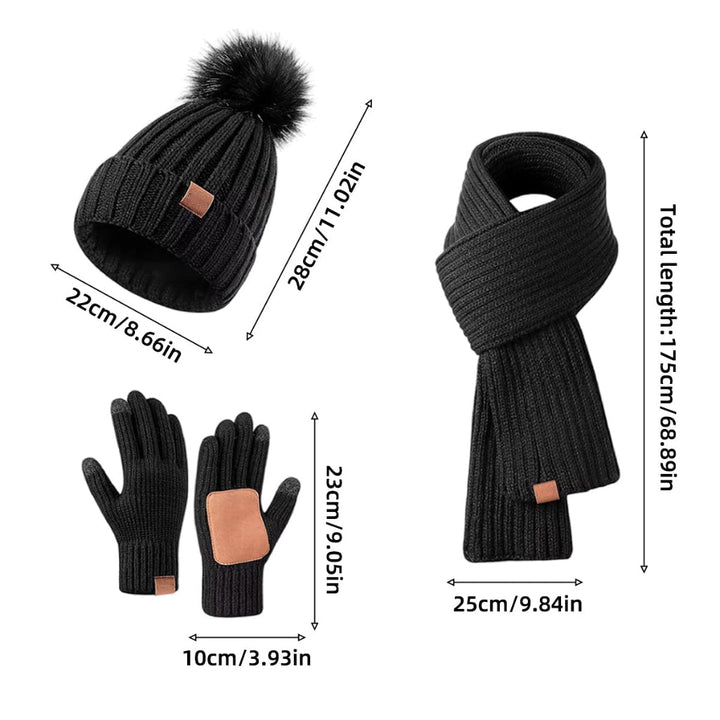 Women's 3-Piece Knitted Beanie Hat, Scarf And Gloves Set | Winter