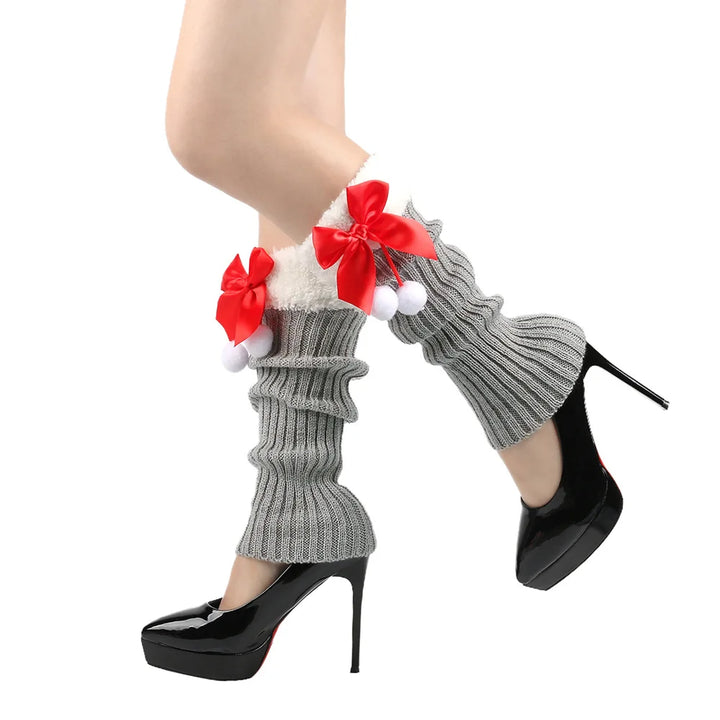 Women’s Knitted Christmas Leg Warmers with Bow | Ribbed