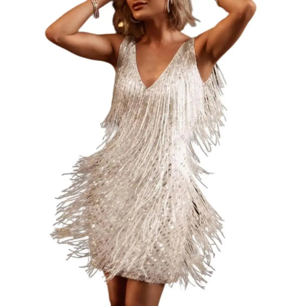 Women's Fringe V Neck Party Sleeveless Dress | Mini