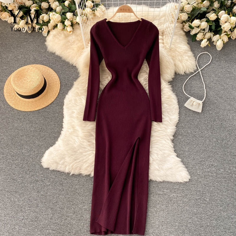 Women’s Long-Sleeve Ribbed Knit Bodycon Dress | Maxi
