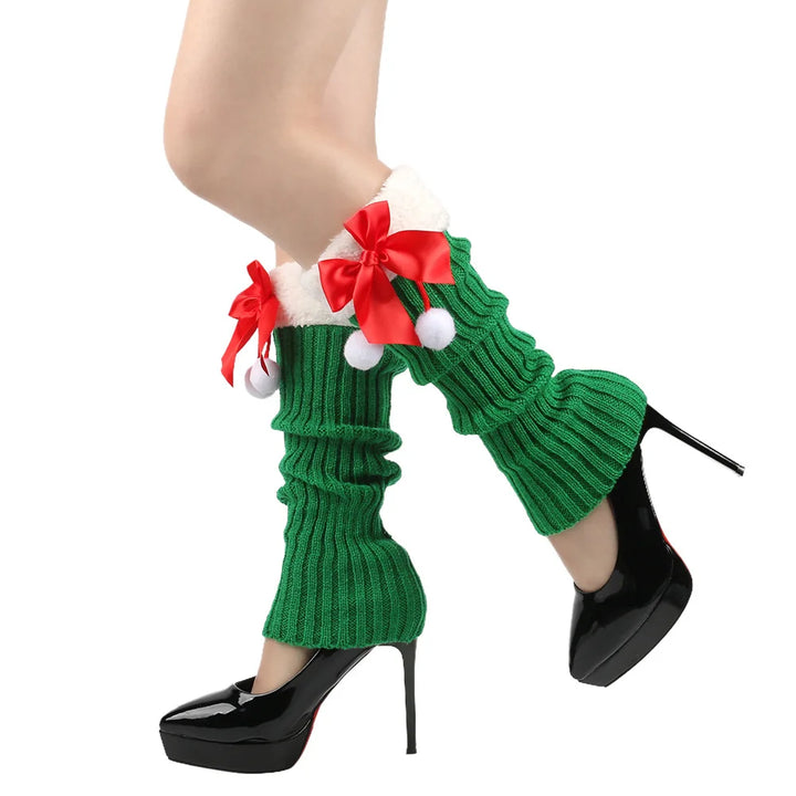 Women’s Knitted Christmas Leg Warmers with Bow | Ribbed