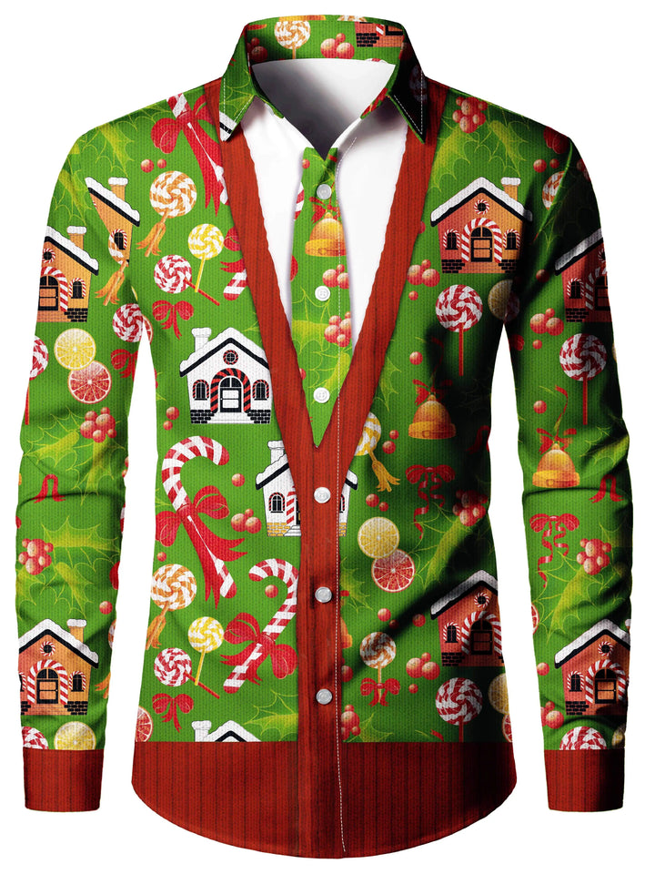 Men's Christmas Long Sleeve Tuxedo Print Shirt | Novelty
