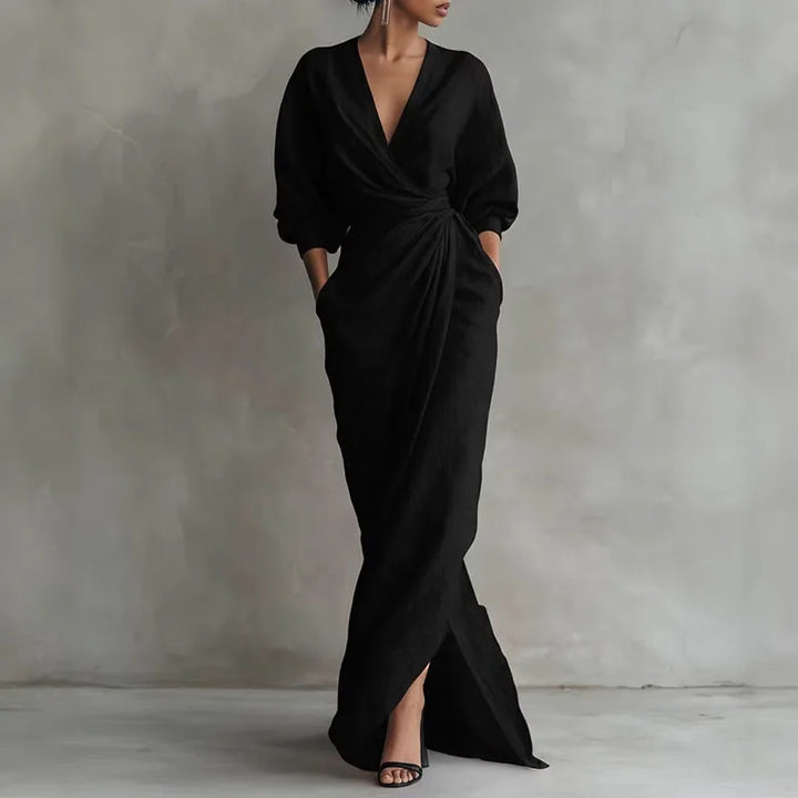 Women's V Neck Wrap Waist Dress | Maxi