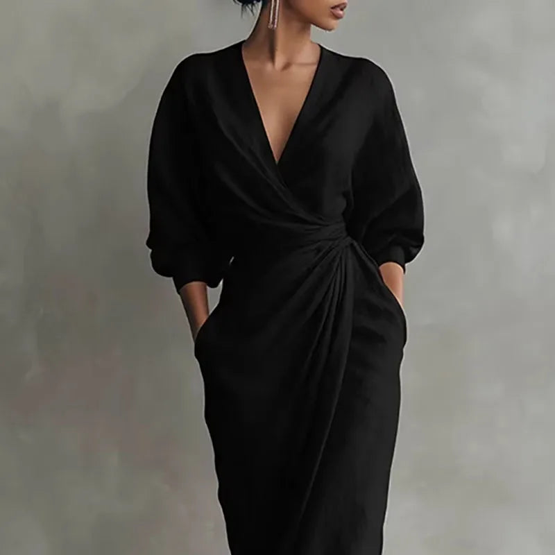 Women's V Neck Wrap Waist Dress | Maxi