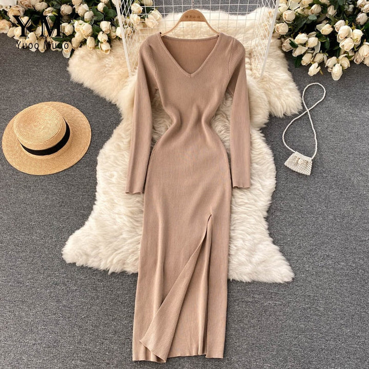 Women’s Long-Sleeve Ribbed Knit Bodycon Dress | Maxi