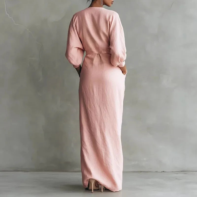 Women's V Neck Wrap Waist Dress | Maxi