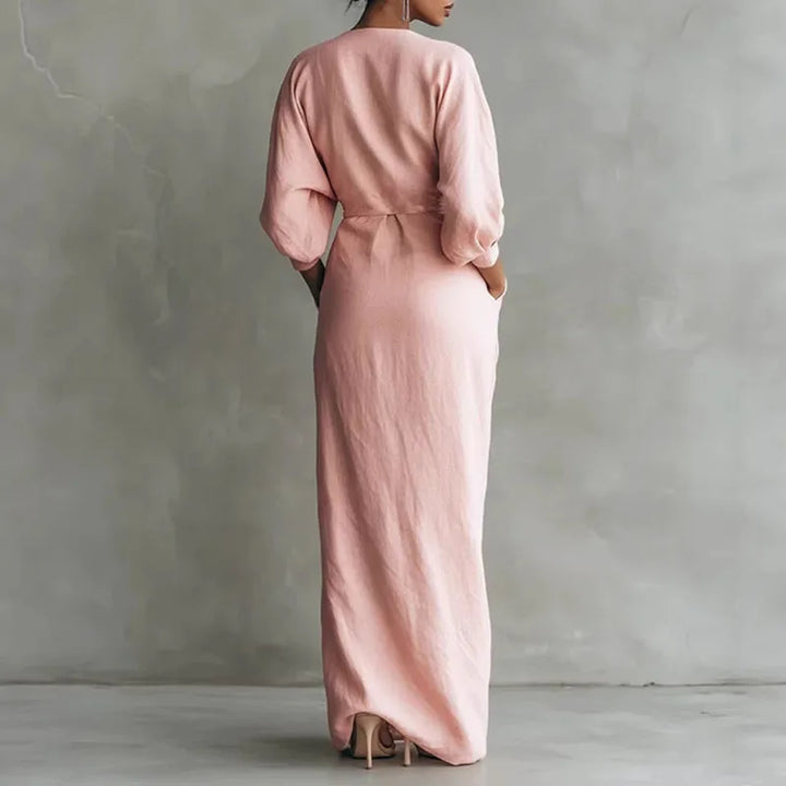 Women's V Neck Wrap Waist Dress | Maxi