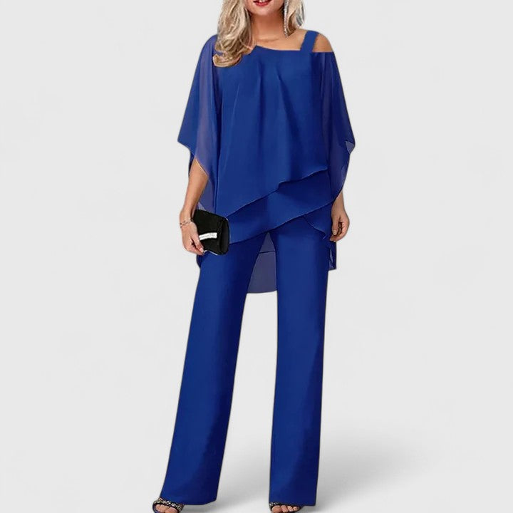Women's Elegant Drape Blouse and Wide Leg Pants Set | Two-Piece
