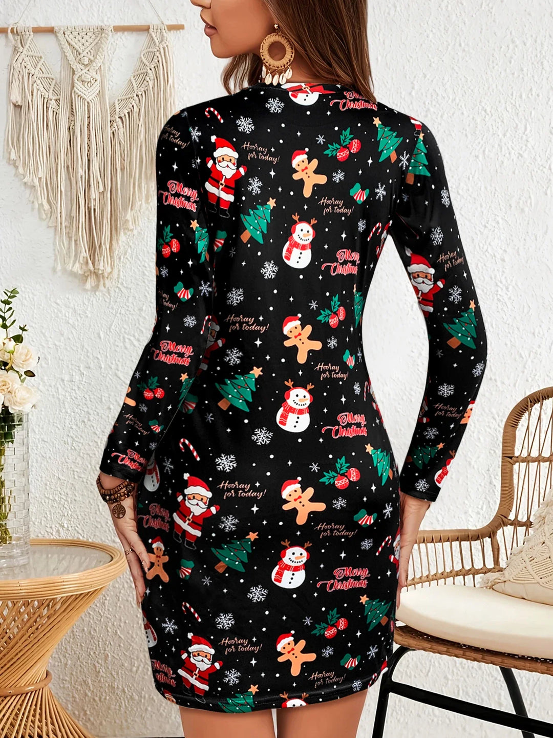 Women's Printed Winter Christmas Black Mini Dress | Long Sleeve