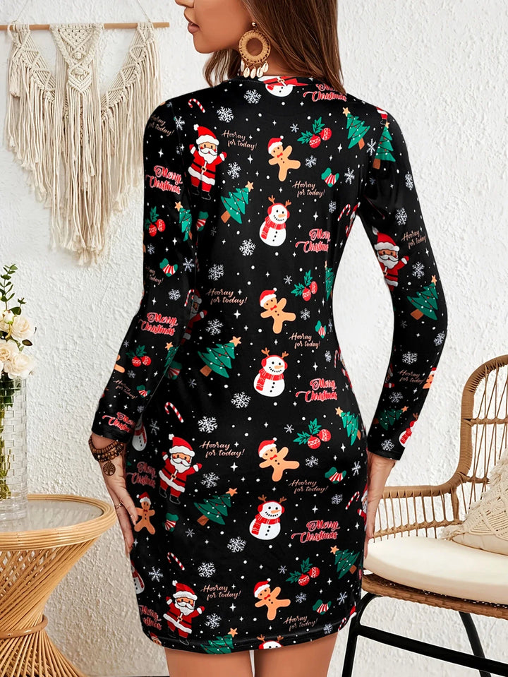 Women's Printed Winter Christmas Black Mini Dress | Long Sleeve