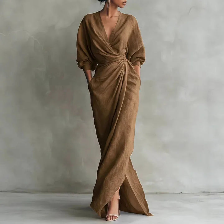 Women's V Neck Wrap Waist Dress | Maxi