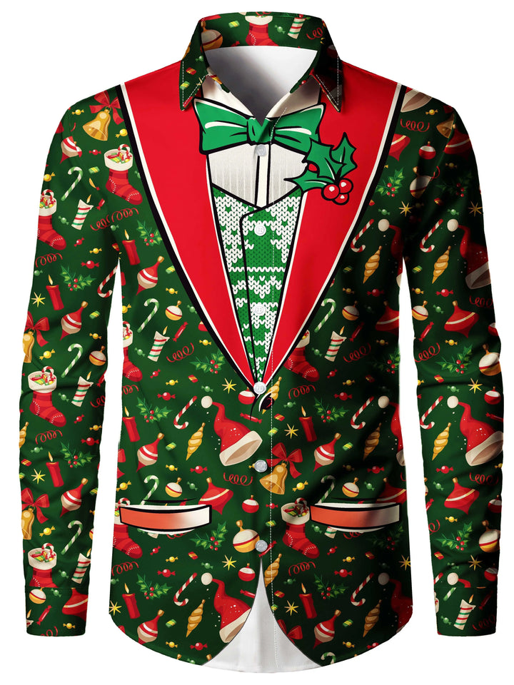 Men's Christmas Long Sleeve Tuxedo Print Shirt | Novelty