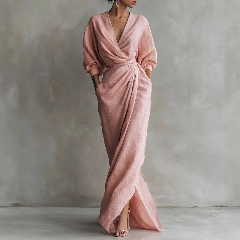 Women's V Neck Wrap Waist Dress | Maxi