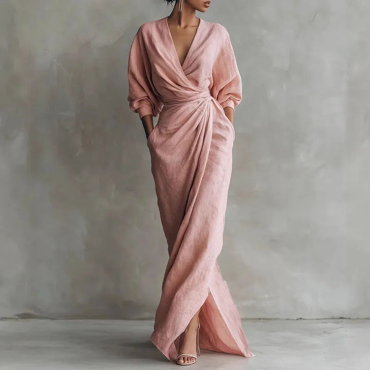 Women's V Neck Wrap Waist Dress | Maxi