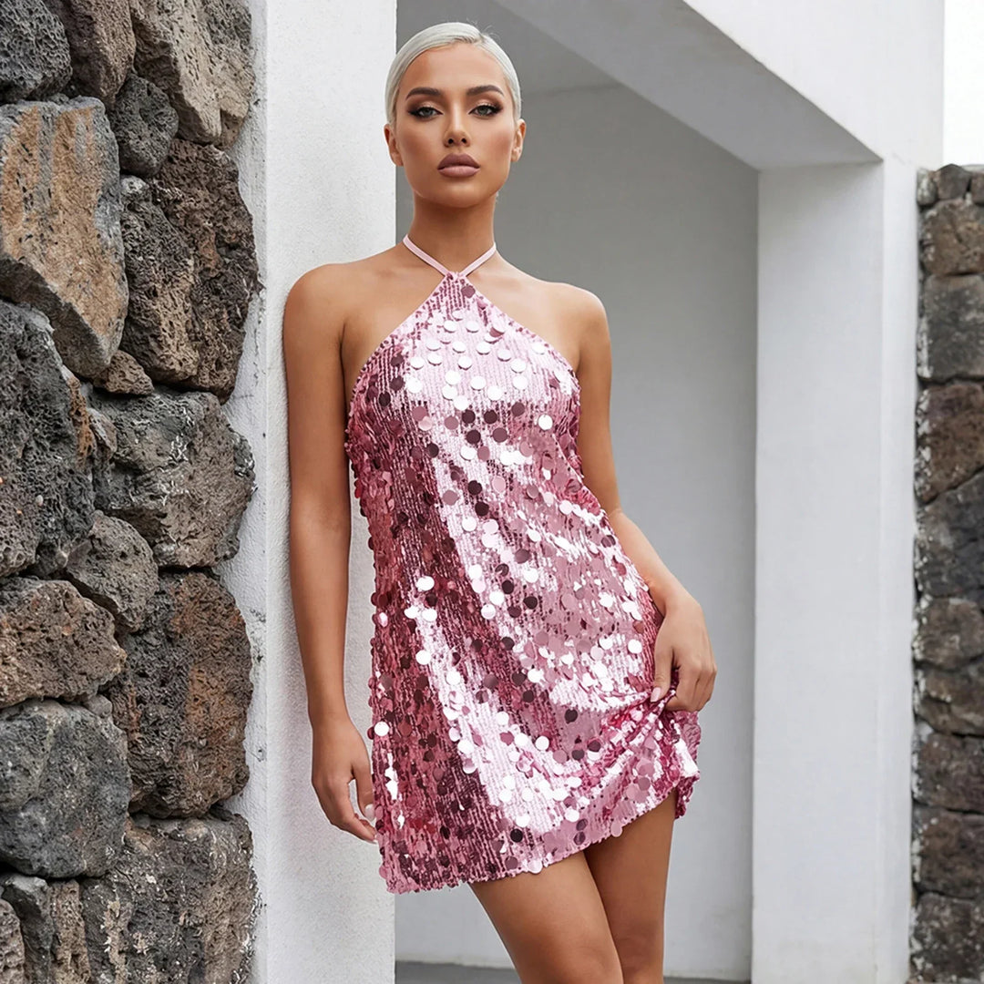 Women’s Sequin Halter Neck Party Mini Dress | Backless