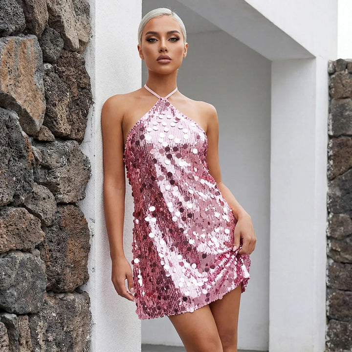 Women’s Sequin Halter Neck Party Mini Dress | Backless