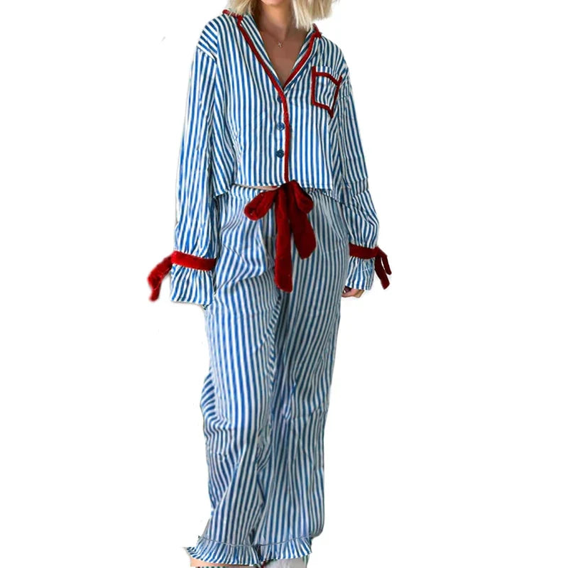 Women's Christmas Striped Pajama Set Shirt and Wide Leg Pants | Ruffle