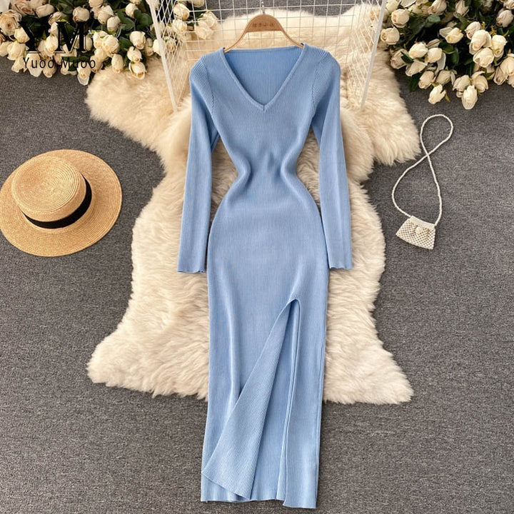 Women’s Long-Sleeve Ribbed Knit Bodycon Dress | Maxi