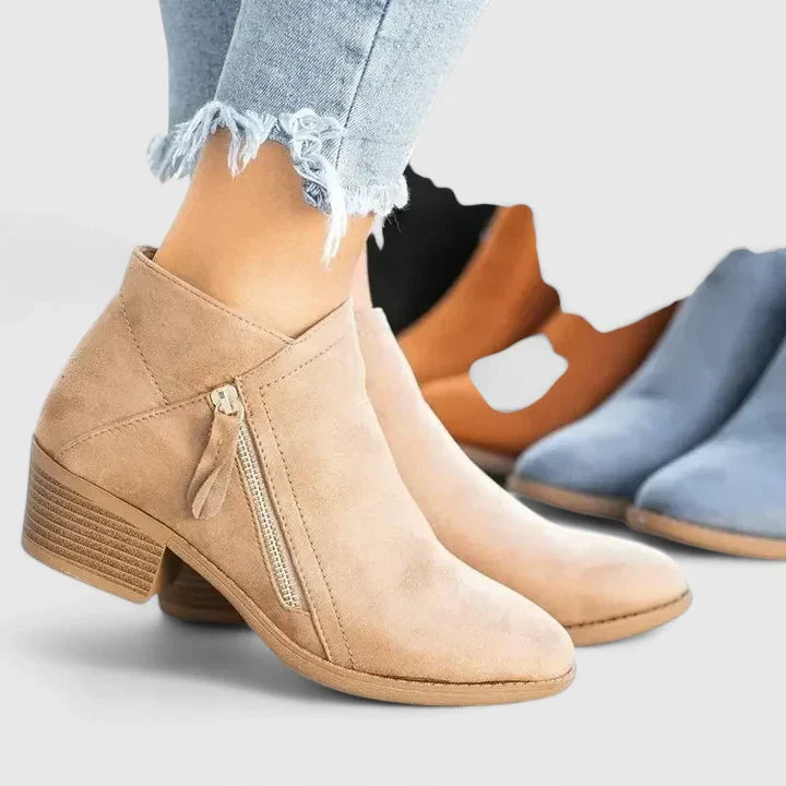 Women's Pointed Toe Zip Ankle Boots | Block Heel