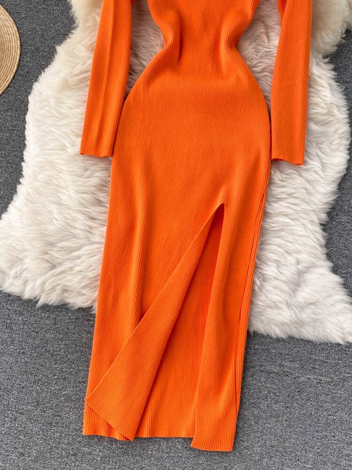 Women’s Long-Sleeve Ribbed Knit Bodycon Dress | Maxi