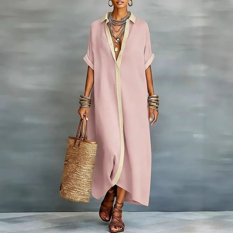 Women's Summer Contrast Shirt Dress | Maxi