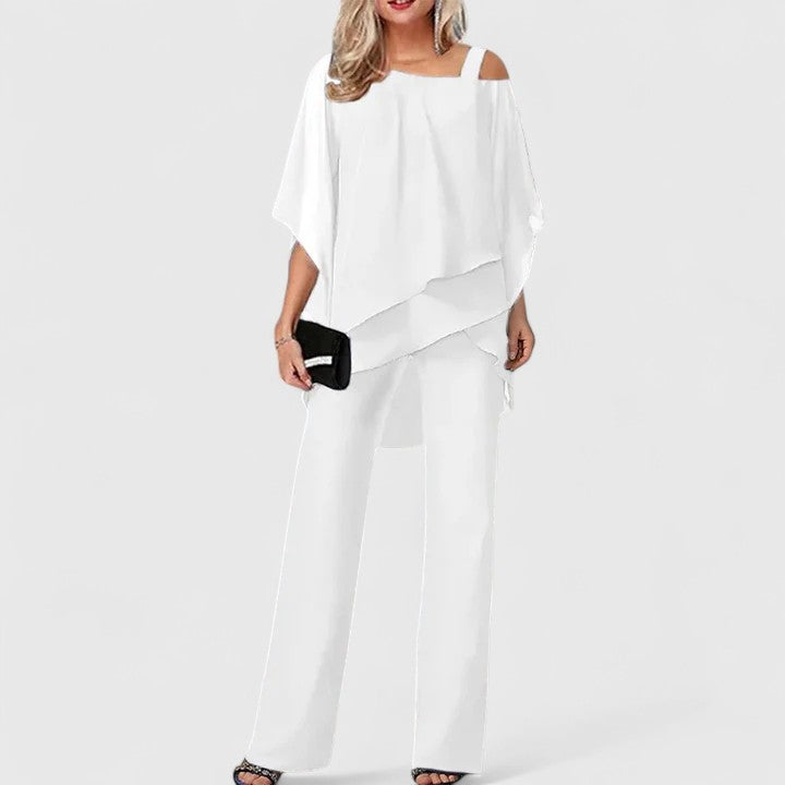 Women's Elegant Drape Blouse and Wide Leg Pants Set | Two-Piece