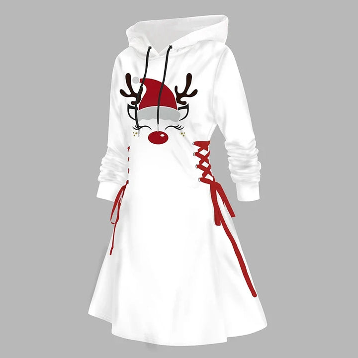 Women's Long Sleeve Winter Christmas White Dress | Hooded
