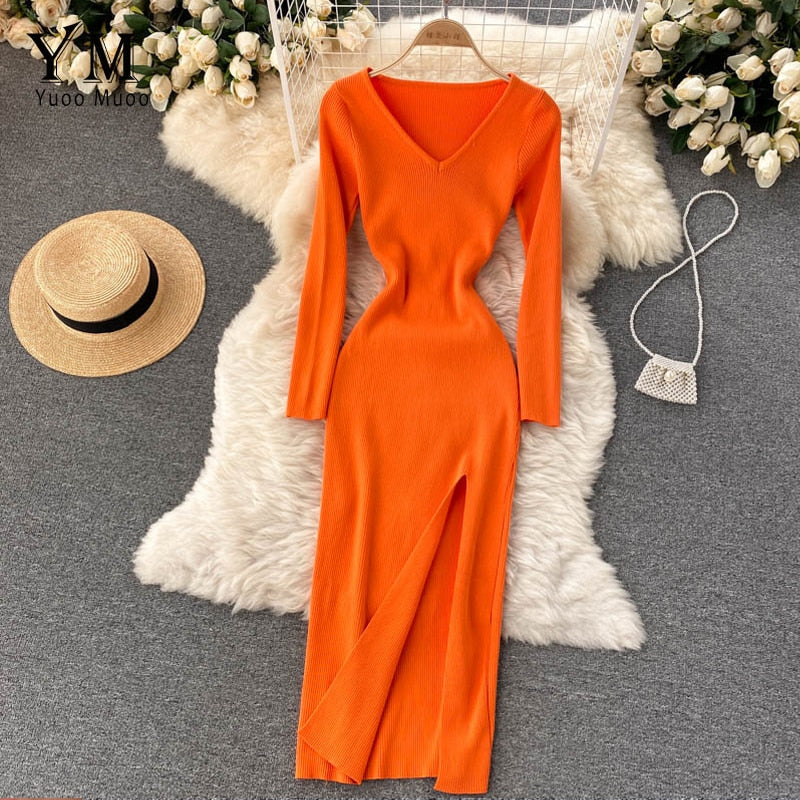 Women’s Long-Sleeve Ribbed Knit Bodycon Dress | Maxi