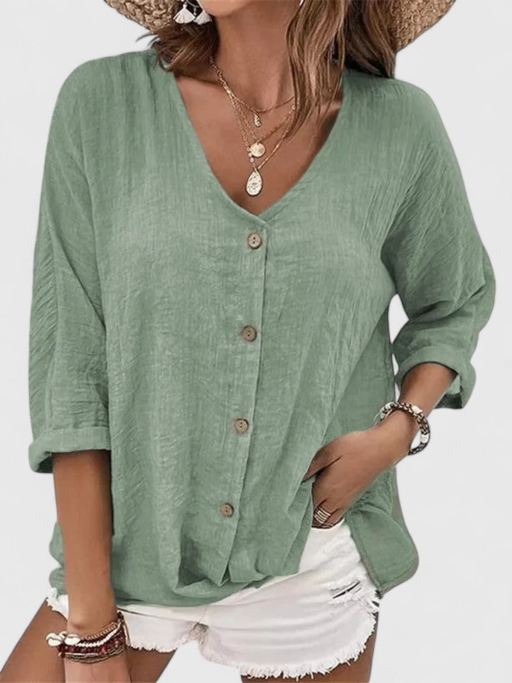 Women's Summer Loose Fit V-Neck Blouse | Button Up