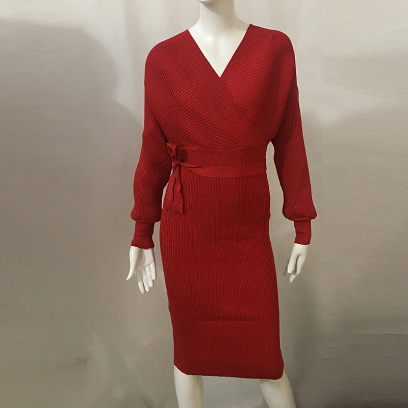 Women’s Batwing Knitted Dress with Tie Belt | Midi
