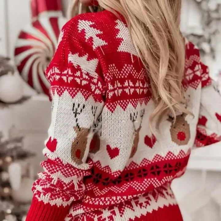 Women's Winter Christmas Red Knit Crew Neck Sweater | Long Sleeve