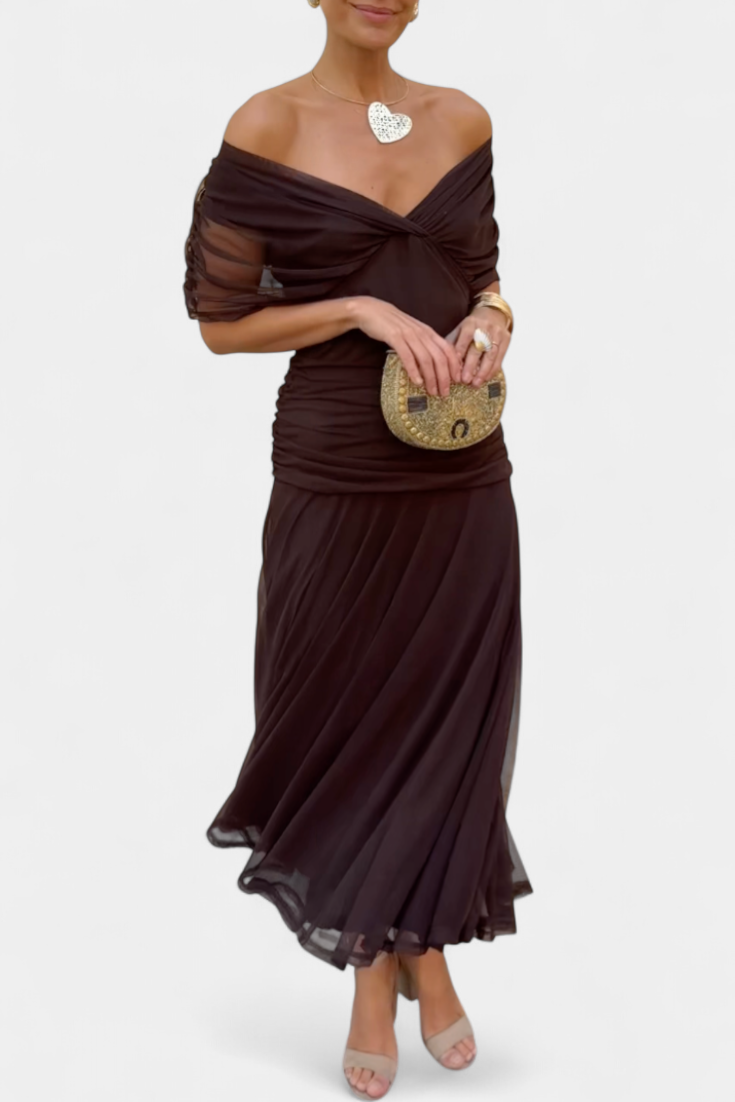 Women's Elegant Off Shoulder Wedding Guest Formal Dress | Maxi