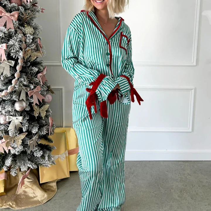 Women's Christmas Striped Pajama Set Shirt and Wide Leg Pants | Ruffle