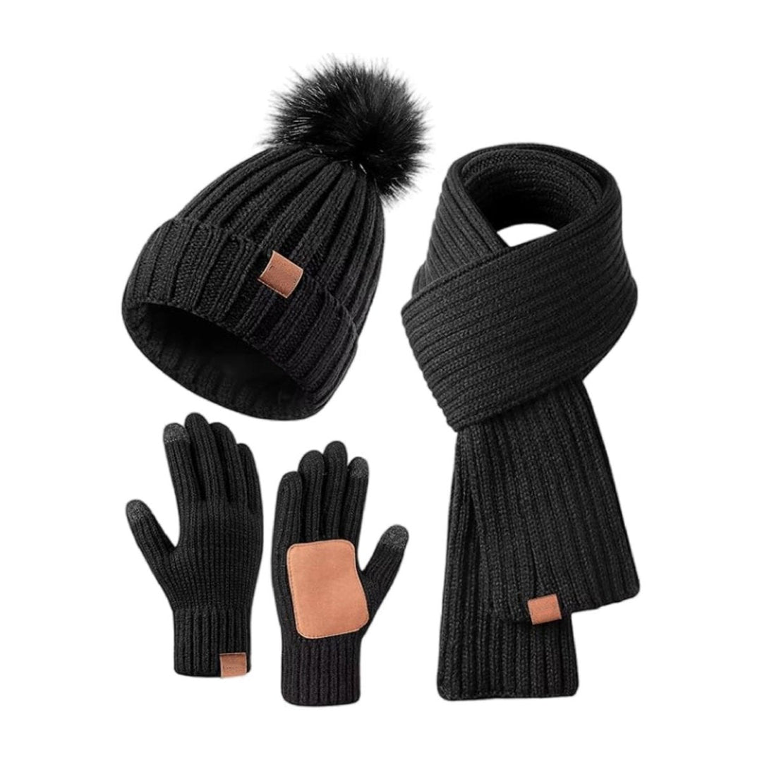 Women's 3-Piece Knitted Beanie Hat, Scarf And Gloves Set | Winter