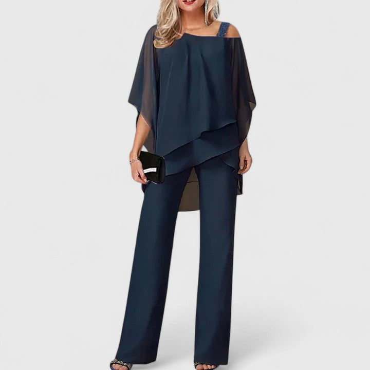 Women's Elegant Drape Blouse and Wide Leg Pants Set | Two-Piece